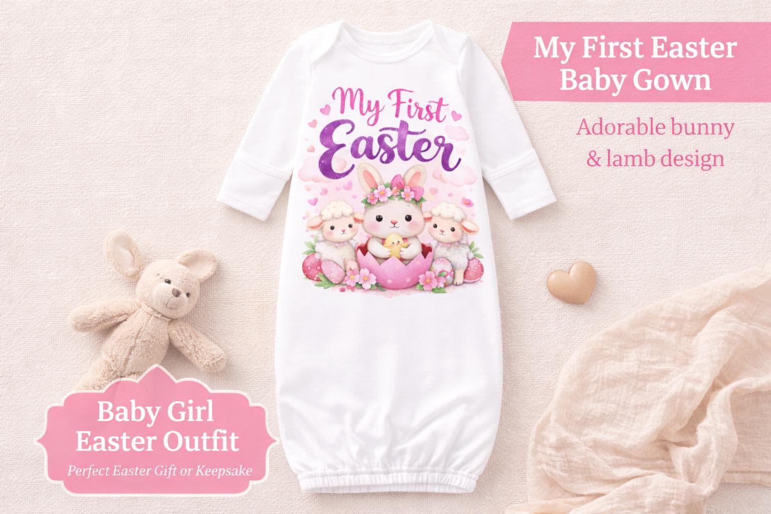 My First Easter Baby Gown – Bunny & Lamb Infant Easter Outfit – Newborn Easter Sleep Gown – Baby Girl Easter Outfit – Easter Baby Gift