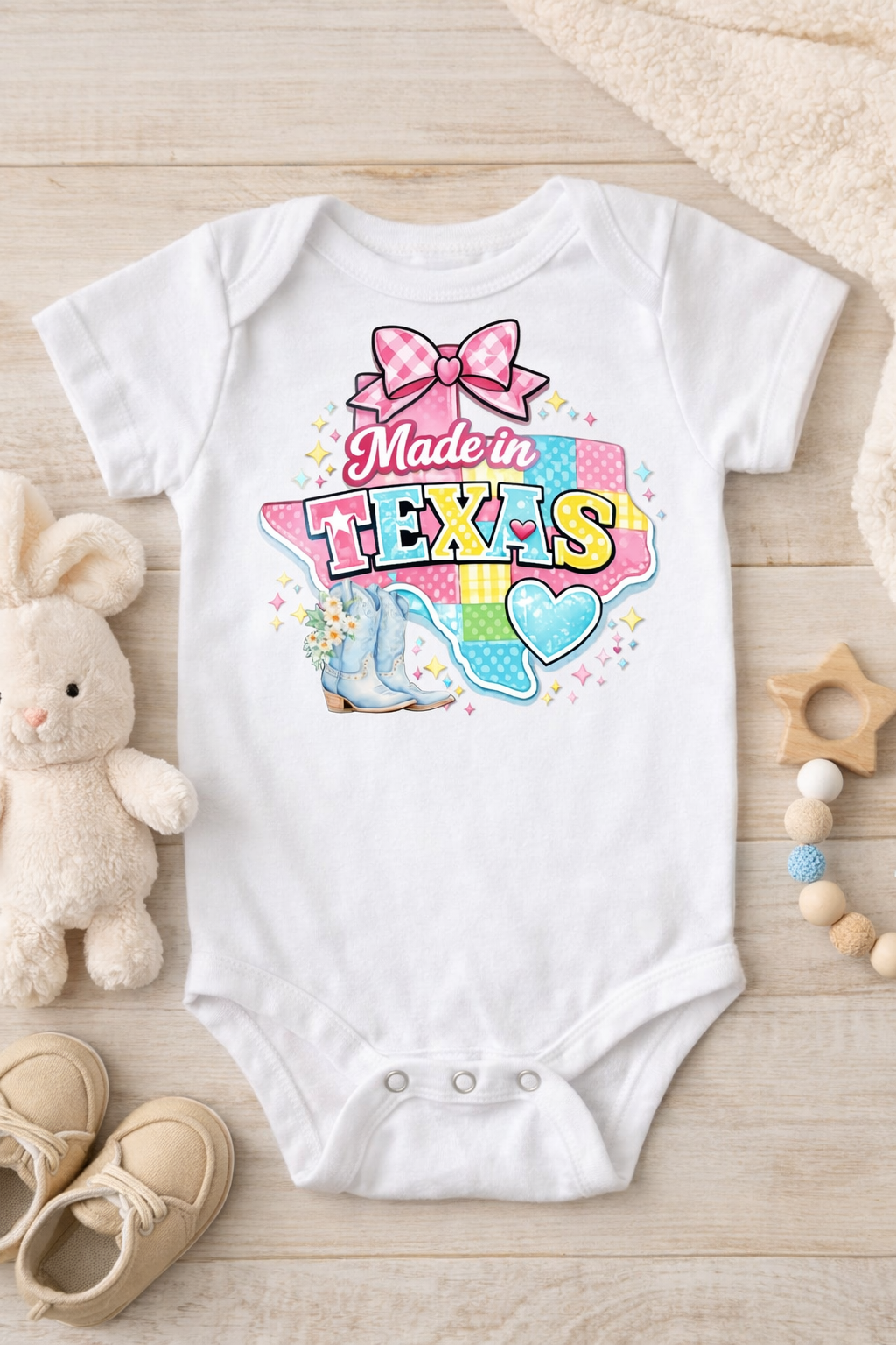 Made in Texas Baby Onesie | Texas Cowgirl Baby Bodysuit | Western Baby Outfit | Texas Patchwork Baby Clothes | Baby Shower Gift for Little Texan